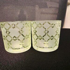 NWT - 2 Green geometric pattern tea light candleholders with tea lights